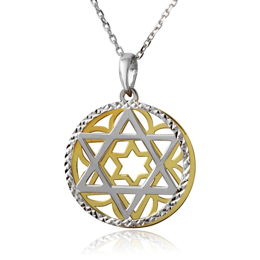 Gold and Rhodium Plated 925 Sterling Silver Star of David Medallion Necklace - SOP00009