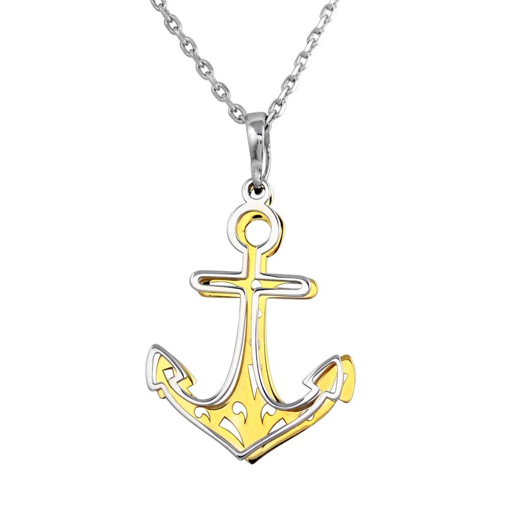 Two-Tone 925 Sterling Silver Rhodium and Gold Plated Double Anchor Necklace - SOP00014