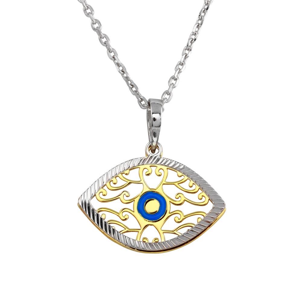 Two-Tone 925 Sterling Silver Blue Enamel Center Double Eye Necklace - SOP00017