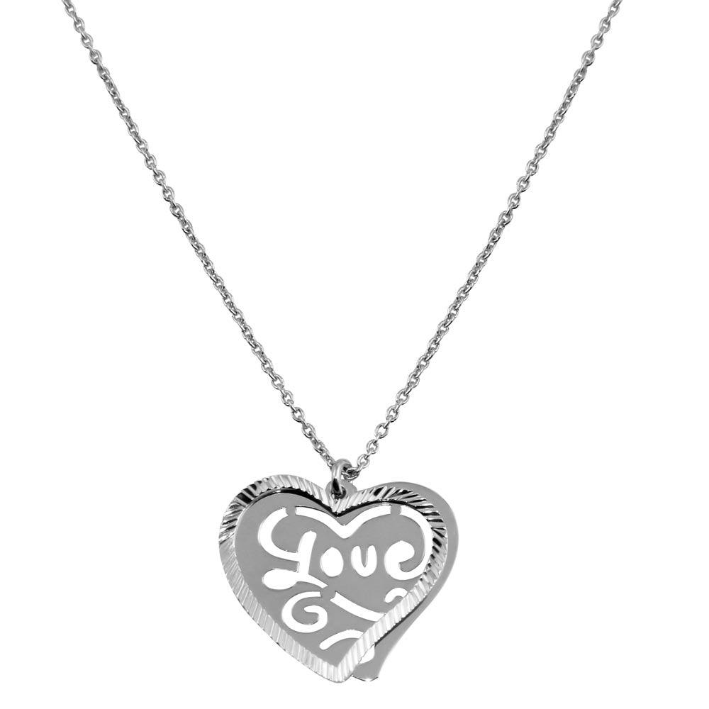 Rhodium Plated 925 Sterling Silver Double Flat Heart Pendant with "Love" Design - SOP00019