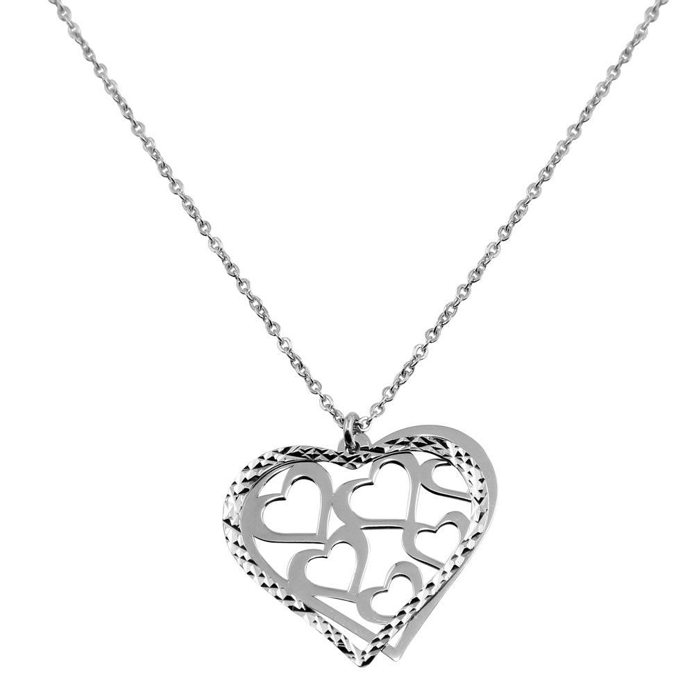 Rhodium Plated 925 Sterling Silver Double Flat Open Heart Pendant with Multiple Hearts Design - SOP00020