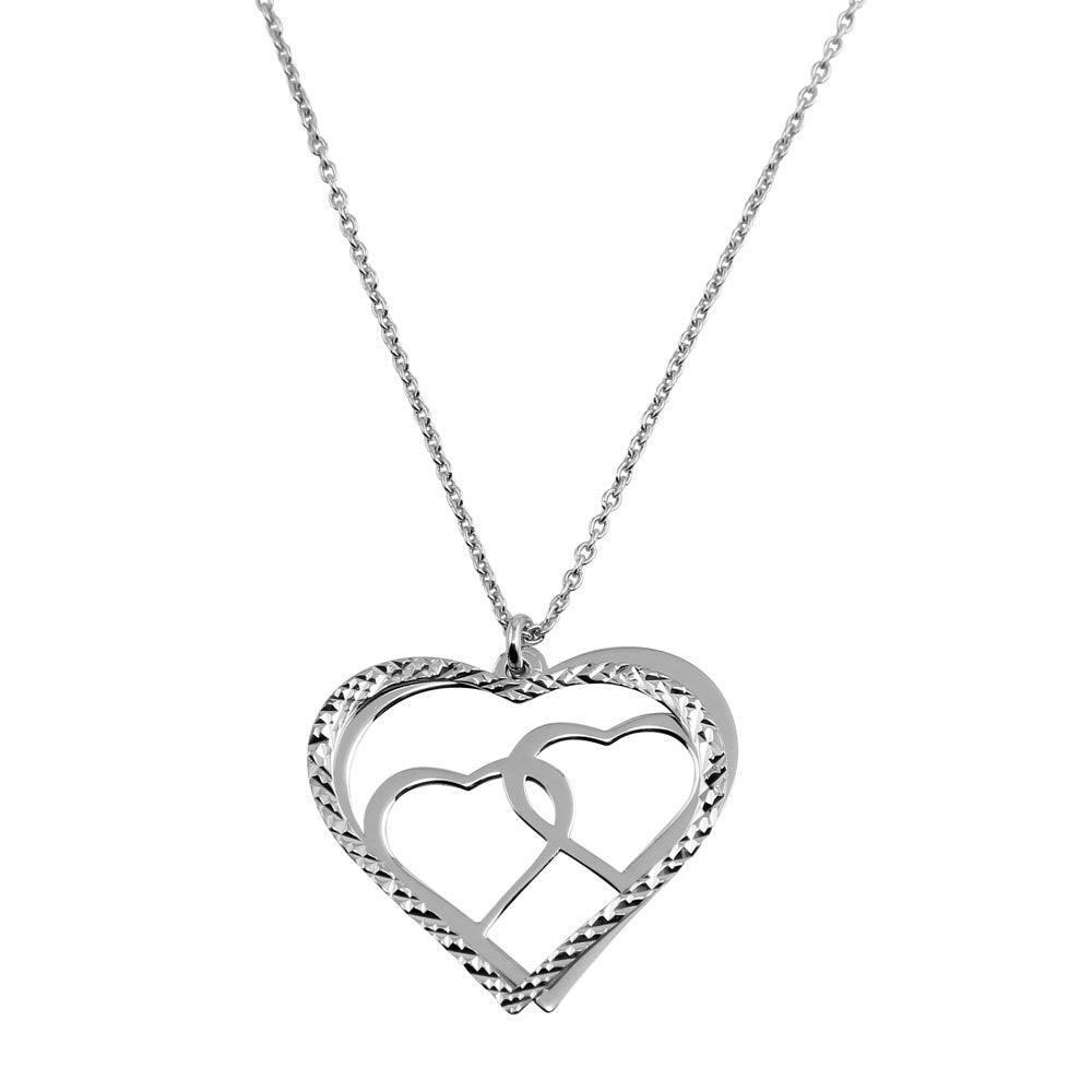 Rhodium Plated 925 Sterling Silver Double Flat Heart Pendant with Two Hearts Design - SOP00021