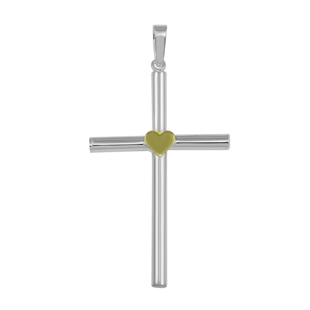 High Polished 925 Sterling Silver Large Cross Pendant with Gold Heart - SOP00033