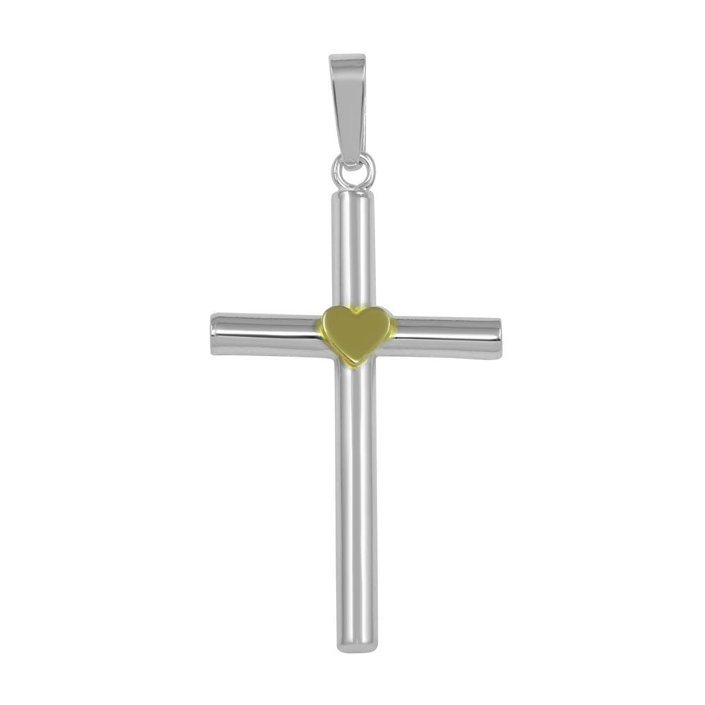 High Polished 925 Sterling Silver Small Cross Pendant with Gold Heart - SOP00034