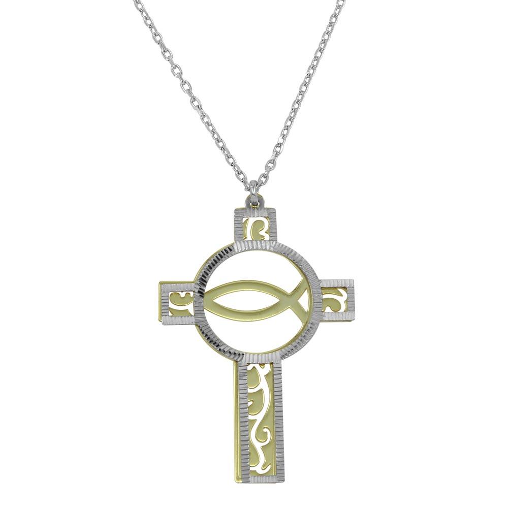 Two-Tone Gold and Rhodium Plated 925 Sterling Silver  Cross Pendant Necklace - SOP00046