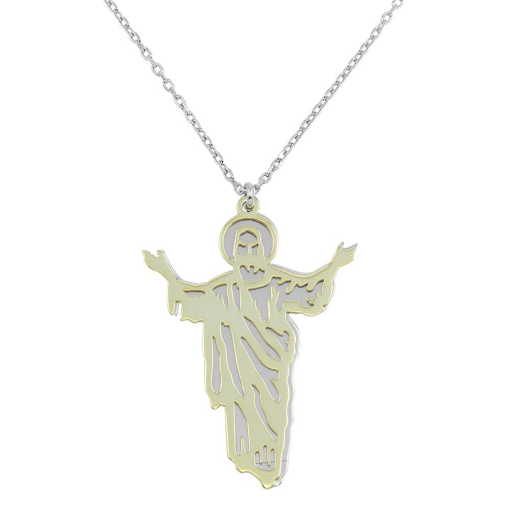 Two-Tone Gold and Rhodium Plated 925 Sterling Silver Jesus Pendant Necklace - SOP00048