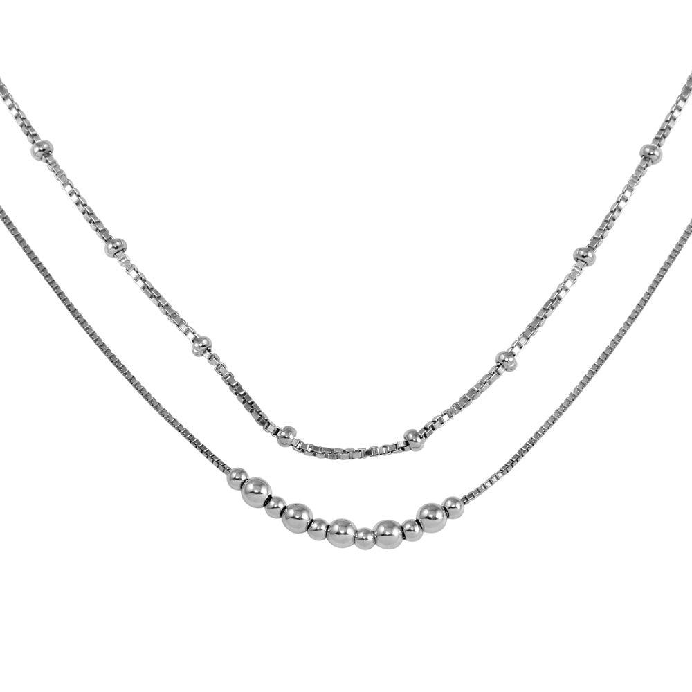 Rhodium Plated 925 Sterling Silver Double Chain Bead Necklace - SOP00057