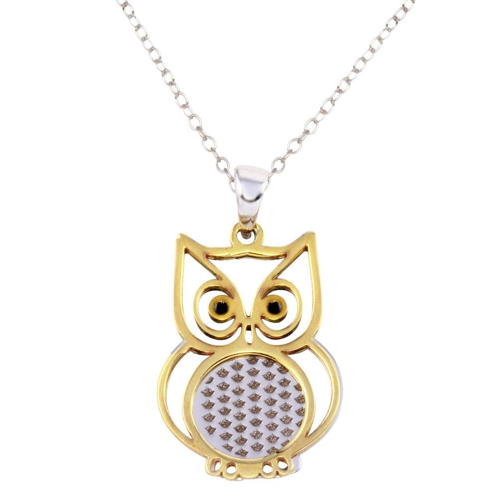 Two-Tone 925 Sterling Silver Owl Pendant Necklace - SOP00063