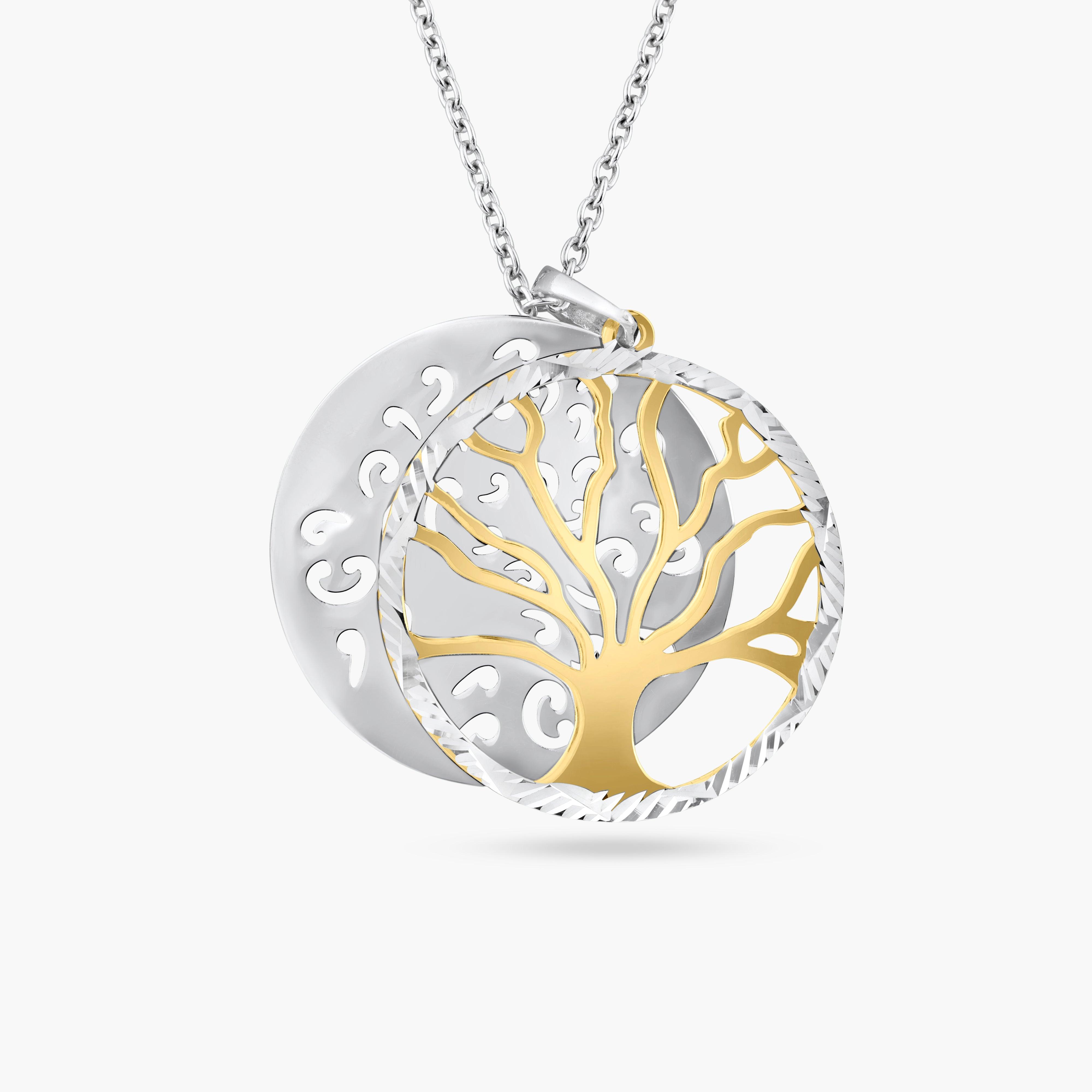 Two-Tone 925 Sterling Silver Round Tree Pendant Necklace - SOP00064