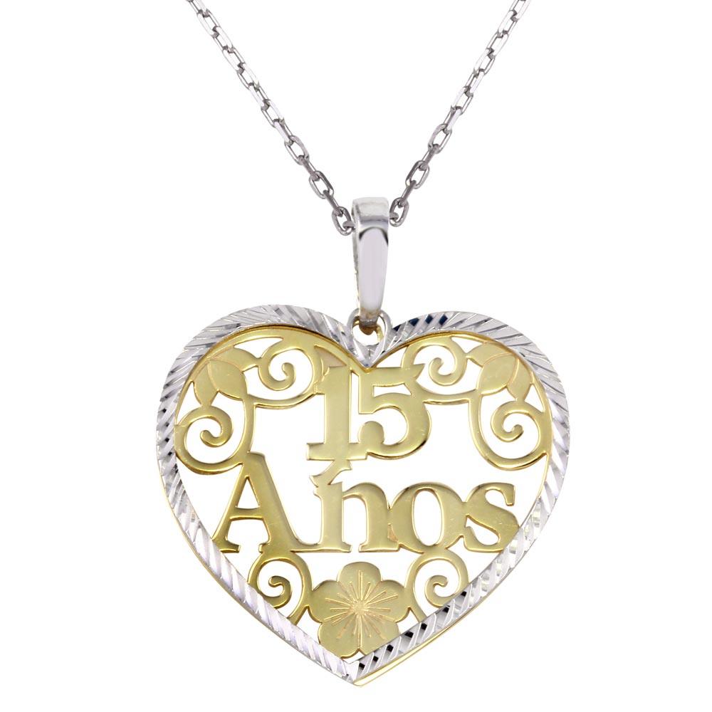 Two-Tone 925 Sterling Silver 15 Anos Heart Pendant Necklace - SOP00073