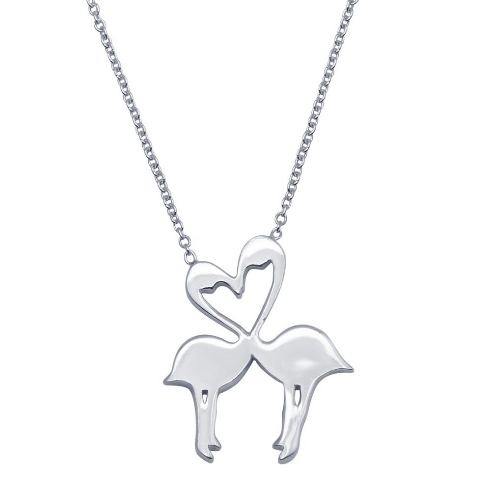 Rhodium Plated 925 Sterling Silver Flat Flamingo Pendant Necklace - SOP00086