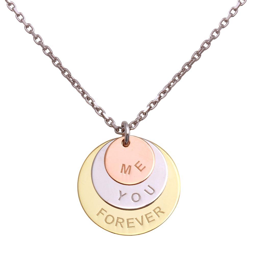 Rhodium Plated 925 Sterling Silver Engraved " Me You Forever" Disc Pendant Necklaces - SOP00087