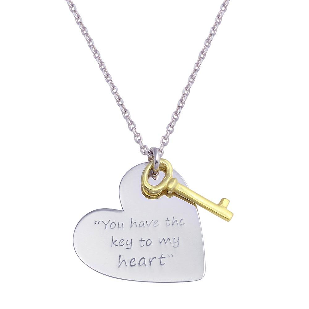 Rhodium Plated 925 Sterling Silver Heart with Gold Key Necklace - SOP00110