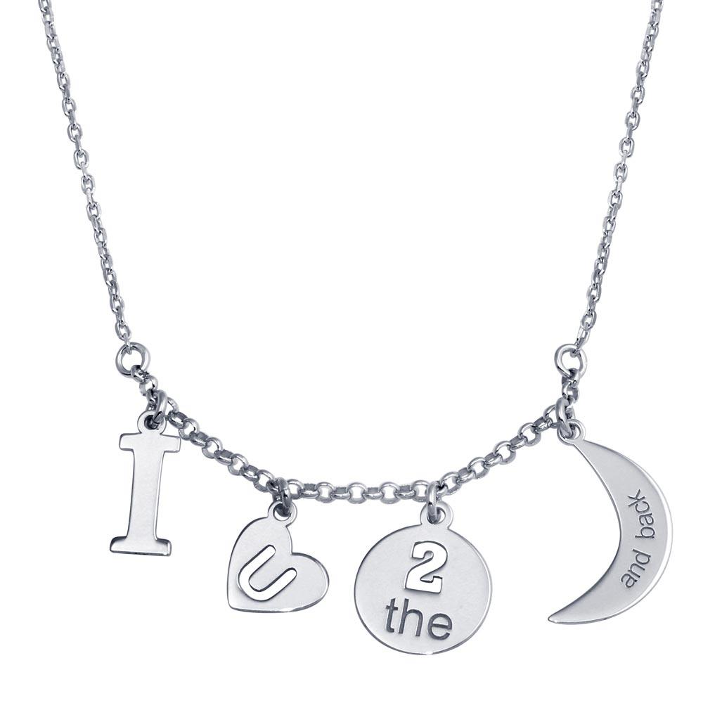 Rhodium Plated 925 Sterling Silver I LOVE U 2 Moon Back Charm Necklace - SOP00112