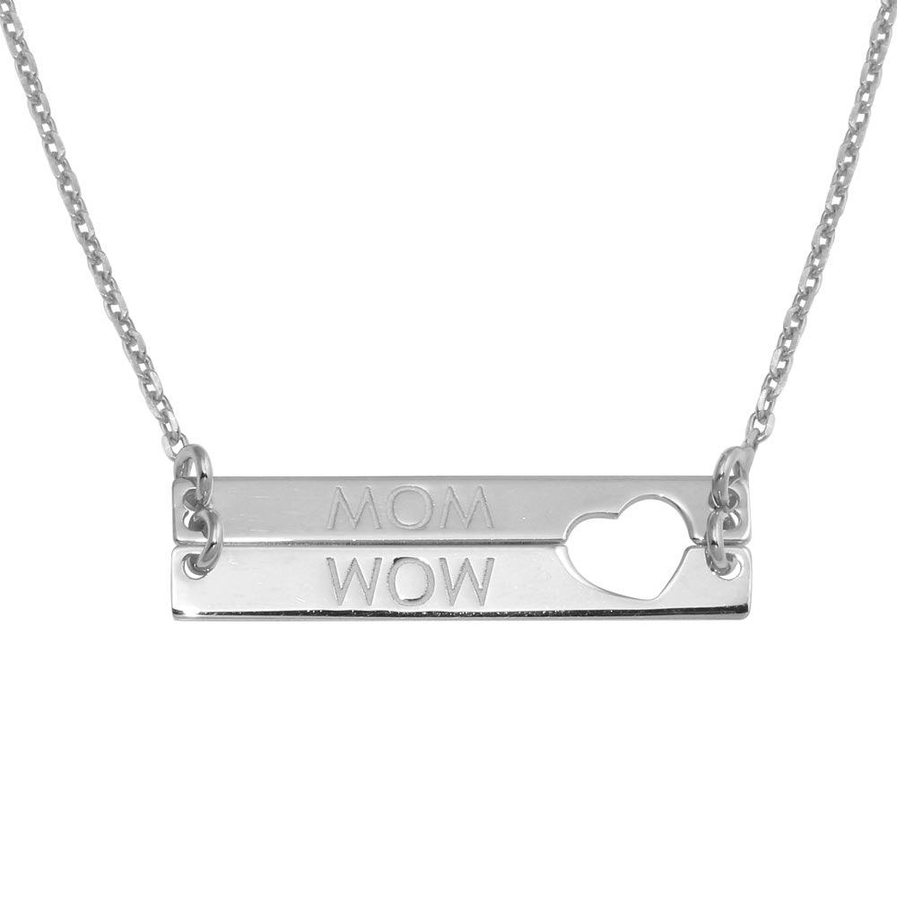 Rhodium Plated 925 Sterling Silver Bar Open Heart MOM Necklace - SOP00115