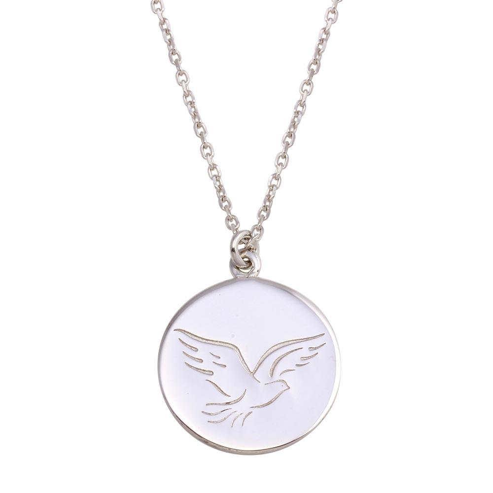 Rhodium Plated 925 Sterling Silver Disc With Dove Words Necklace - SOP00129