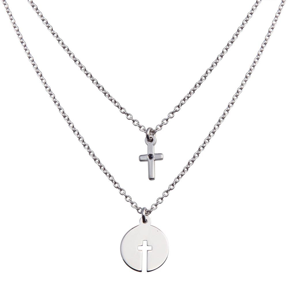 Rhodium Plated 925 Sterling Silver Cross and Cross Cutout Pendant Necklace - SOP00153