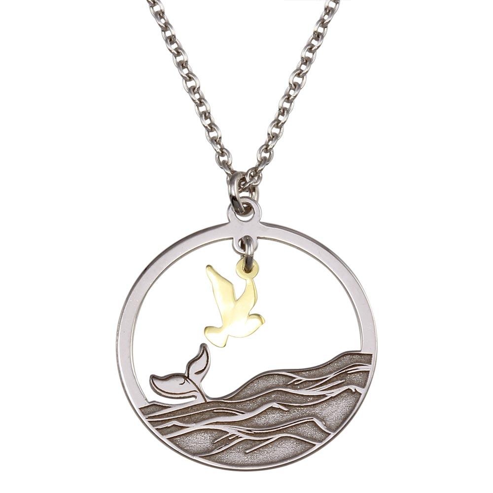 925 Sterling Silver Two Toned Whale Tail and Bird Pendant Necklace - SOP00157