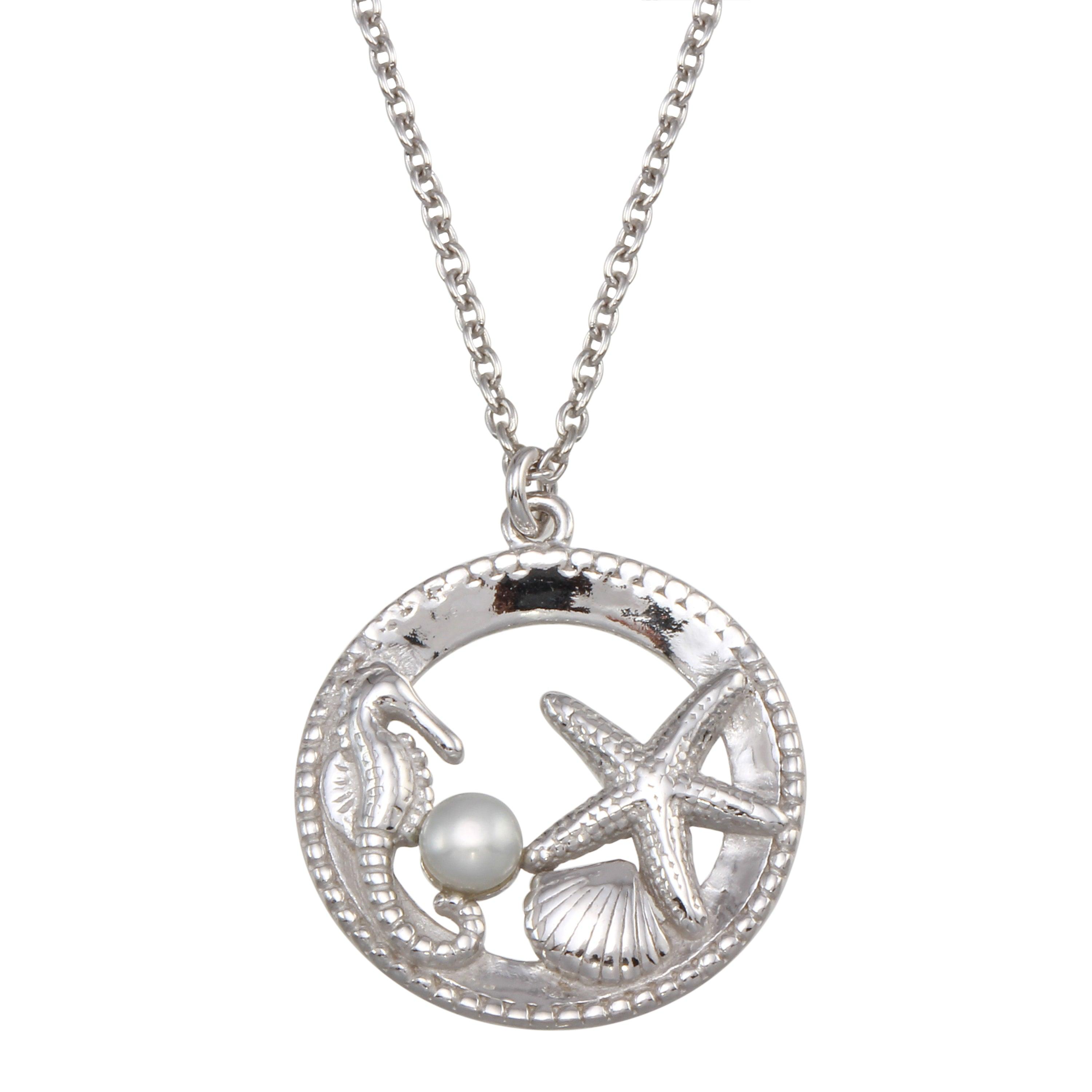 Rhodium Plated 925 Sterling Silver Seahorse, Starfish, Clam, and Pearl Pendant Necklace - SOP00159