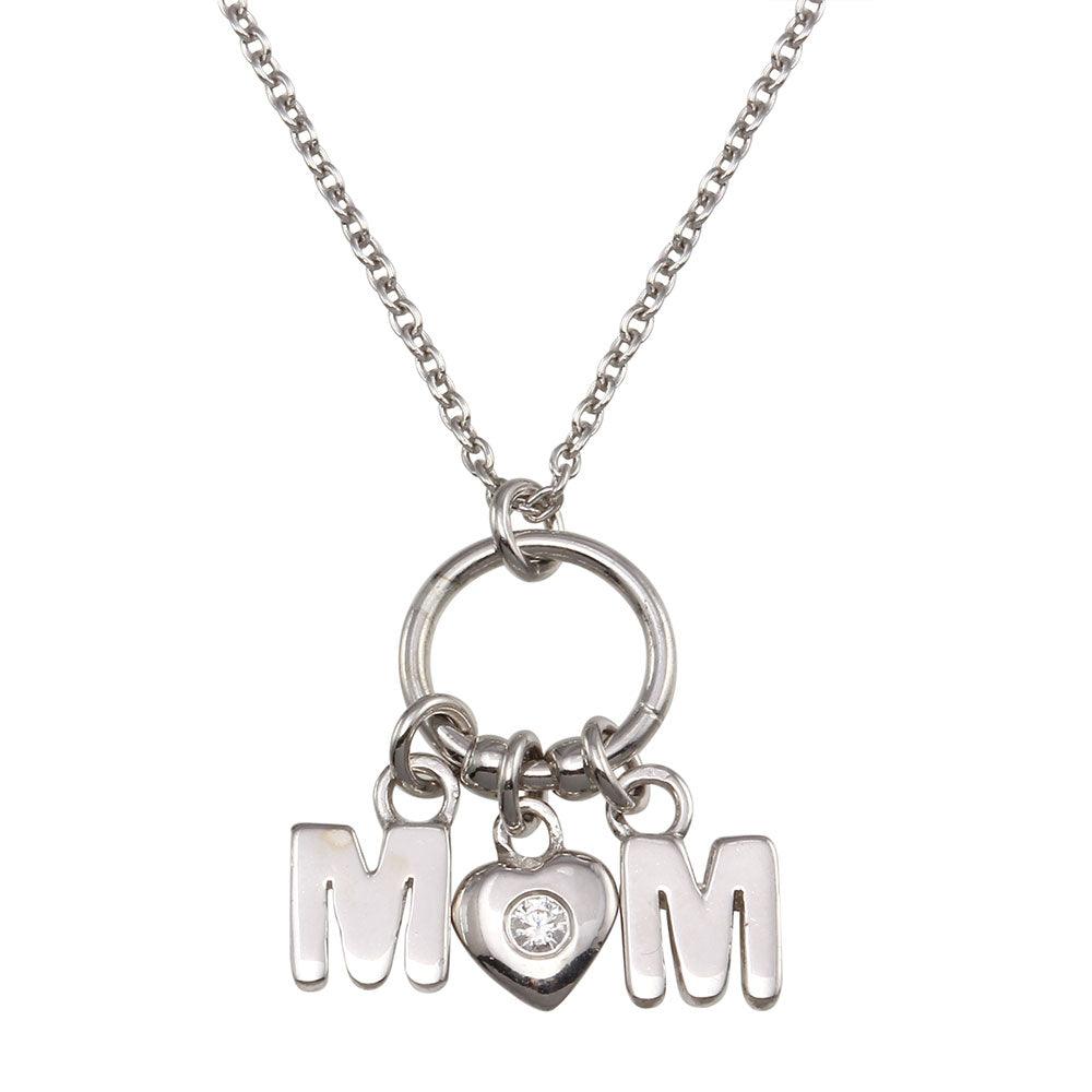 Rhodium Plated 925 Sterling Silver Mom Heart CZ Pendant Necklace - SOP00161