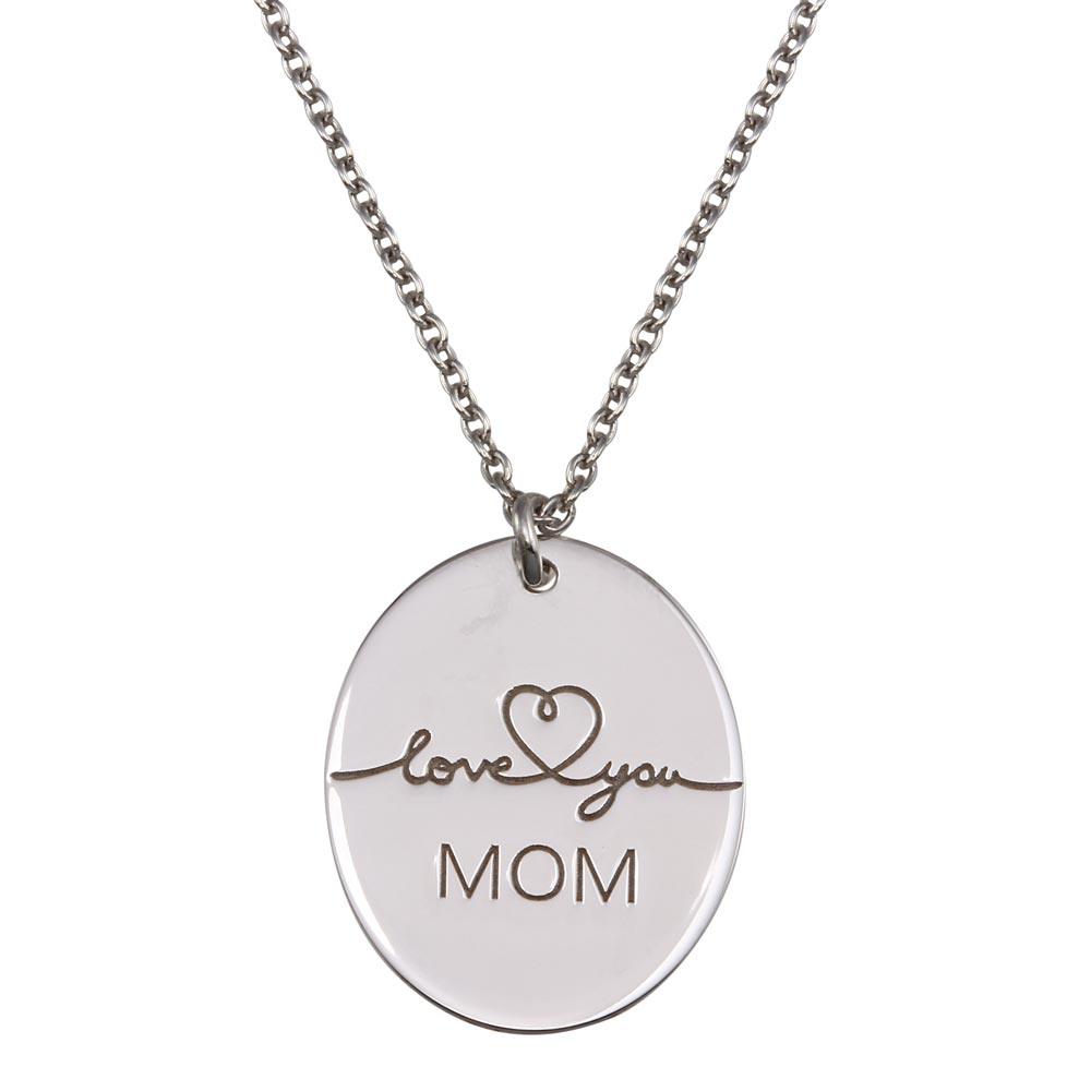 Rhodium Plated 925 Sterling Silver Love You Mom Oval Disc Pendant Necklace - SOP00162