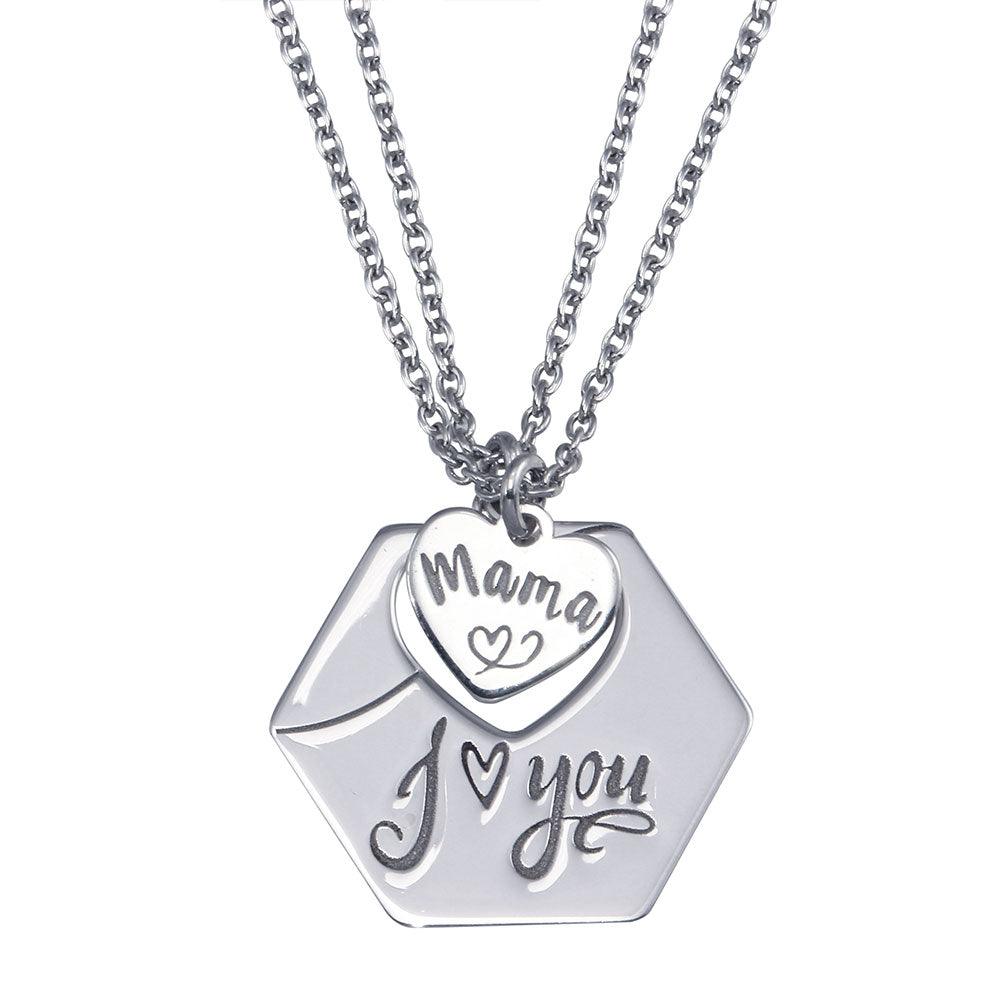 Rhodium Plated 925 Sterling Silver Mama I Love You Hexagonal Pendant Necklace - SOP00164