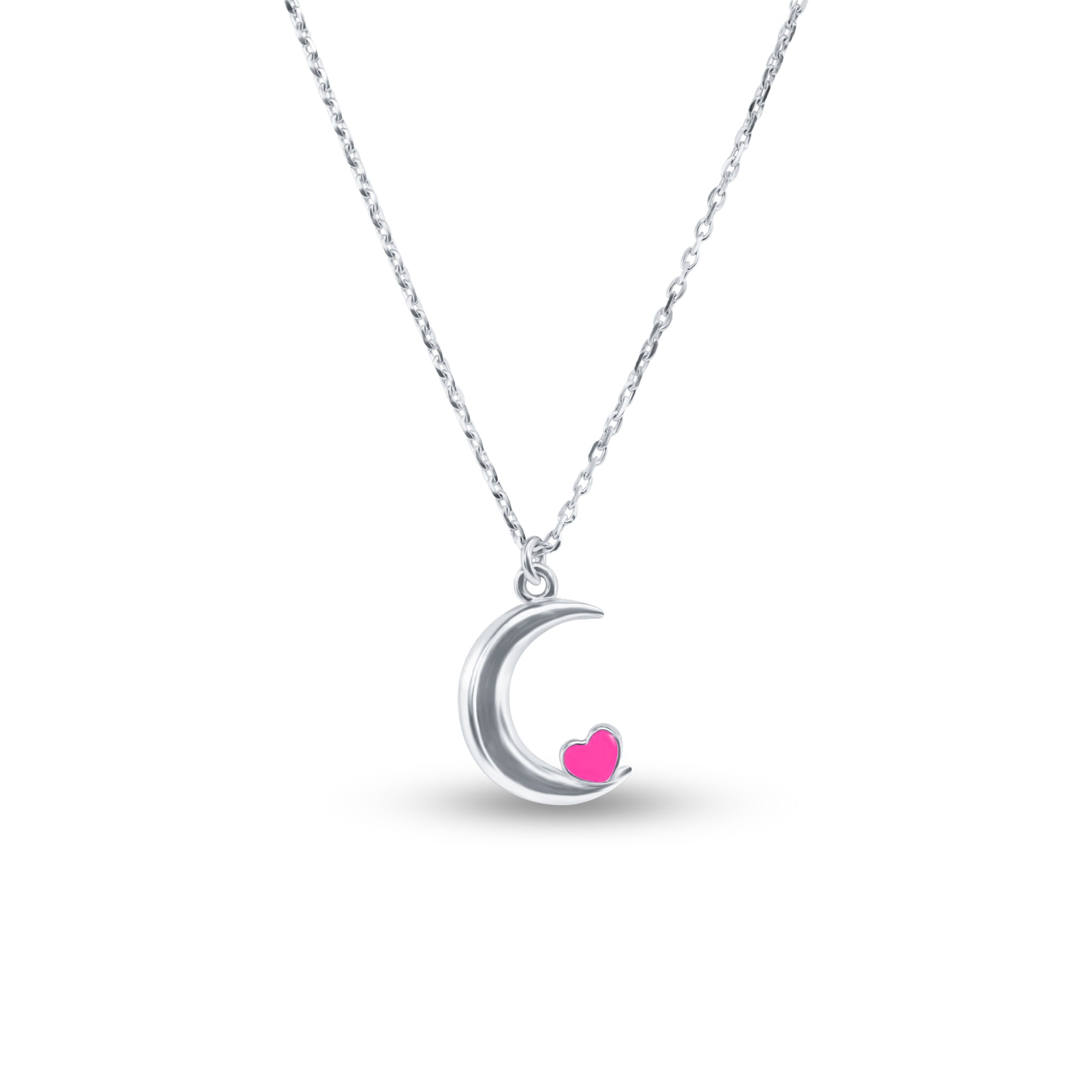 Rhodium Plated 925 Sterling Silver Moon Pink Heart Enamel Necklace Pendant - SOP00180