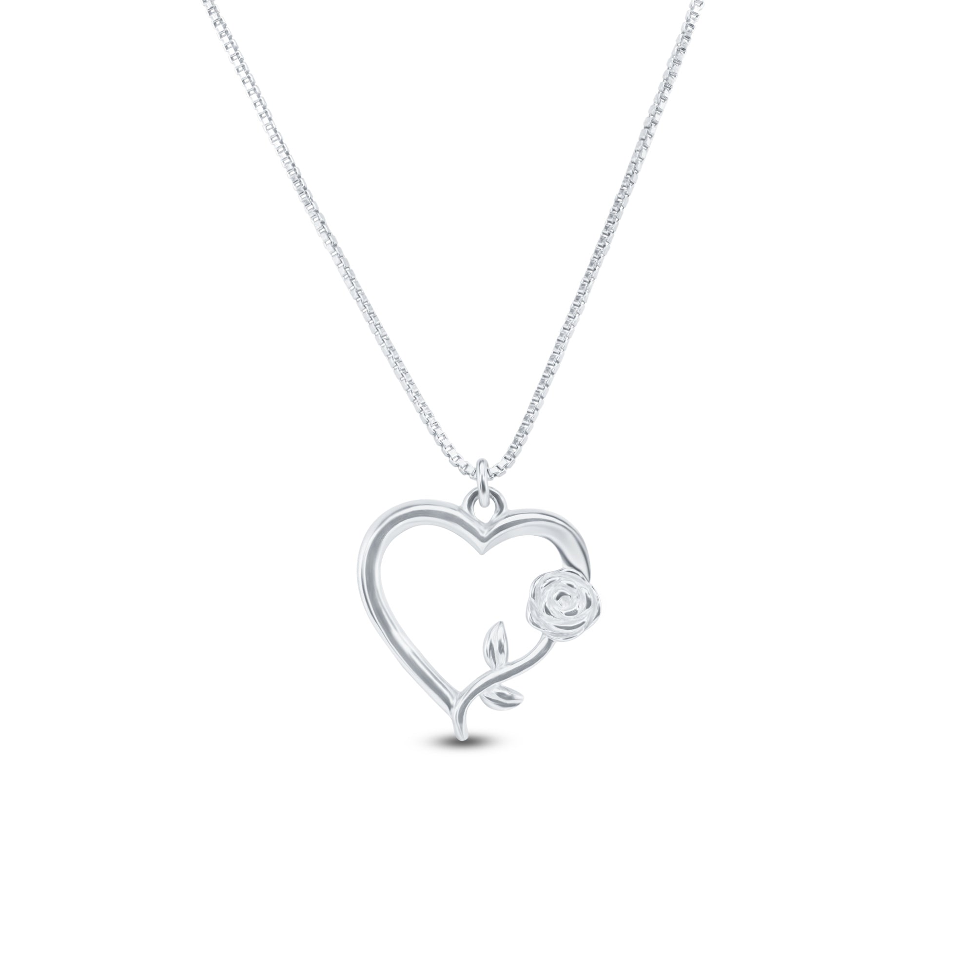 Rhodium Plated 925 Sterling Silver Heart Rose Necklace Pendant - SOP00183