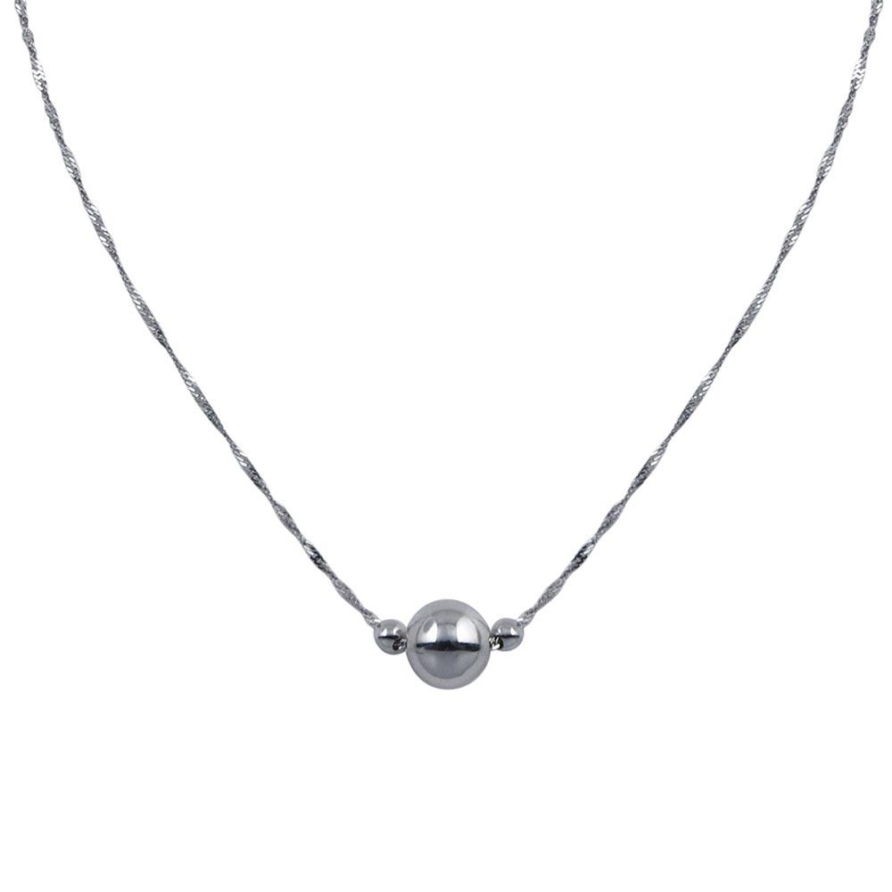 Rhodium Plated 925 Sterling Silver 3 Beads Singapore Chain Necklace - SOP00091