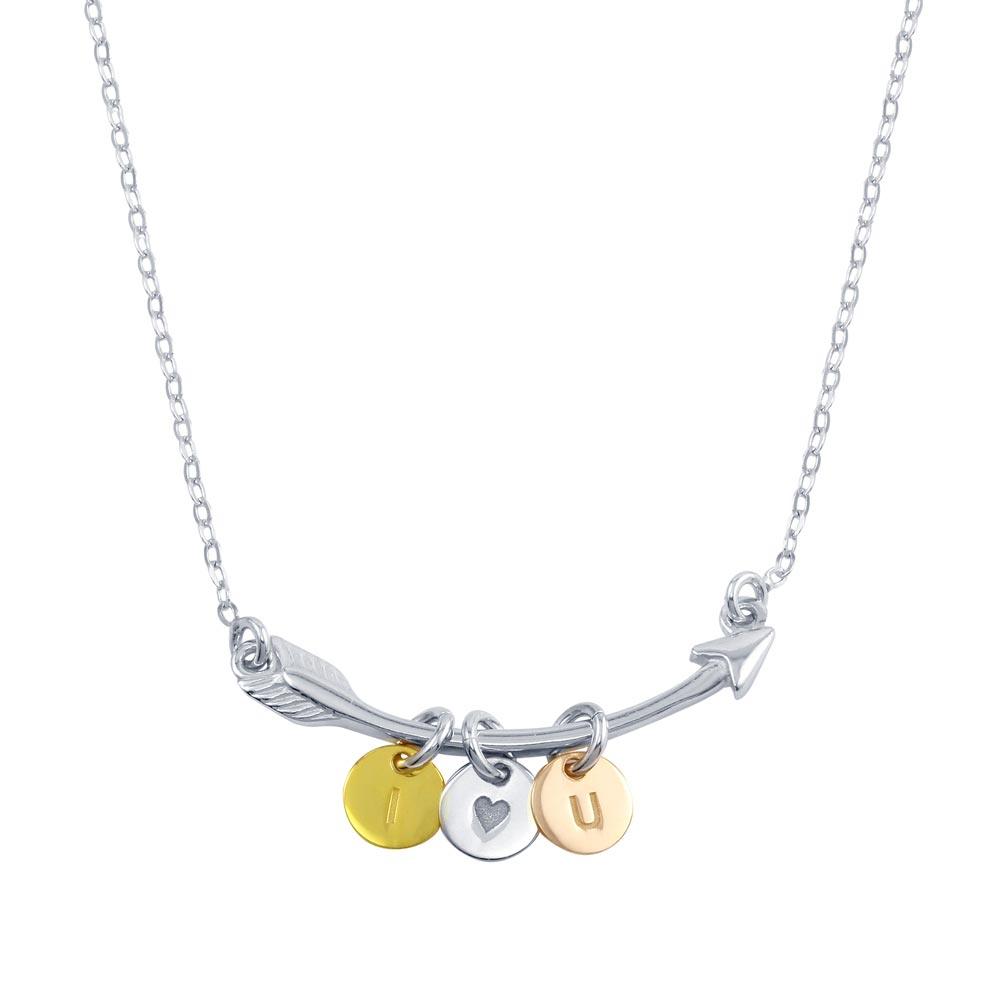 Three-Tone 925 Sterling Silver Plated I Love YOU Disc on Arrow Necklace - SOP00099