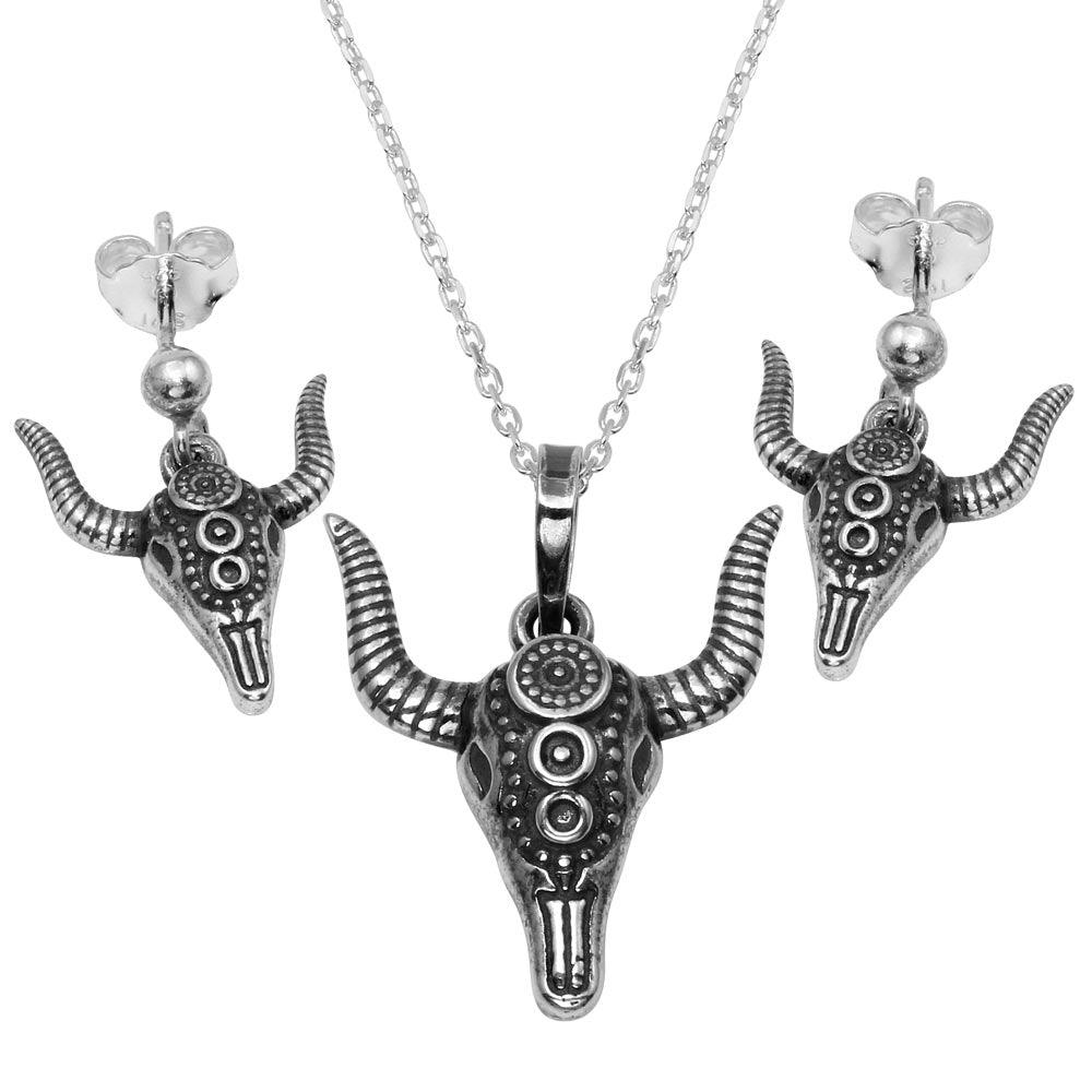 Oxidized 925 Sterling Silver Western Bull Skull Set - SOS00002