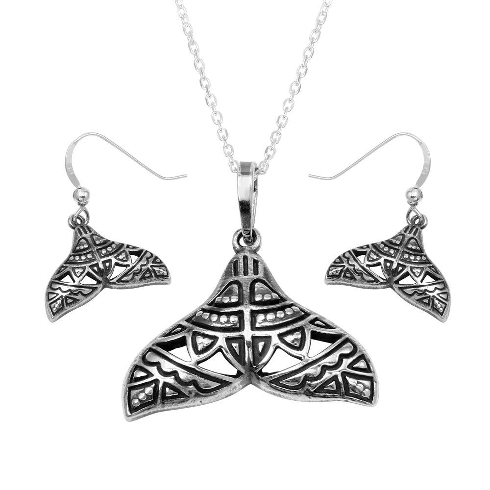 Oxidized 925 Sterling Silver Whale Tail With Design Set - SOS00003