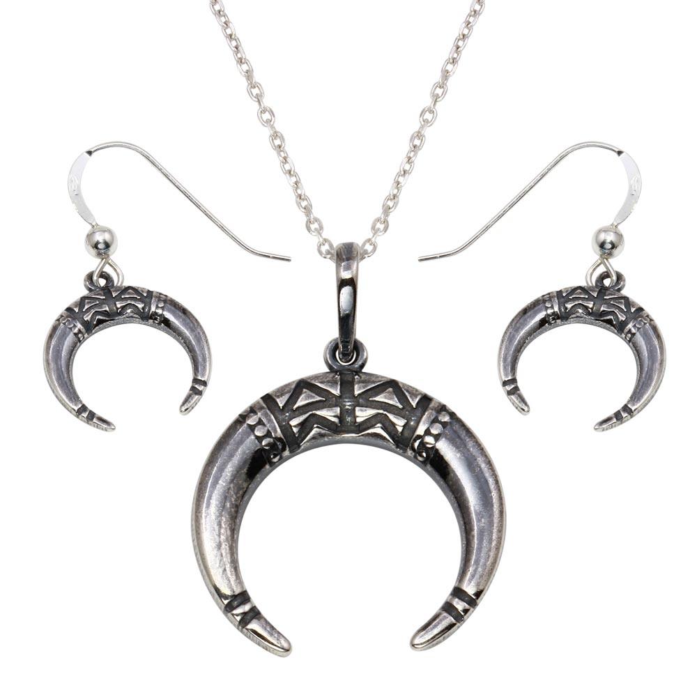 Oxidized 925 Sterling Silver Crescent With Design Set - SOS00005