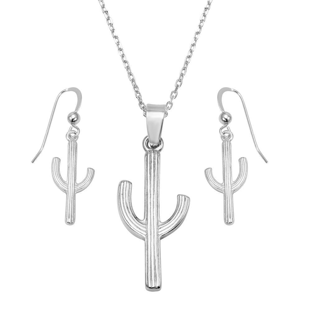 Rhodium Plated 925 Sterling Silver Cactus Design Set - SOS00008