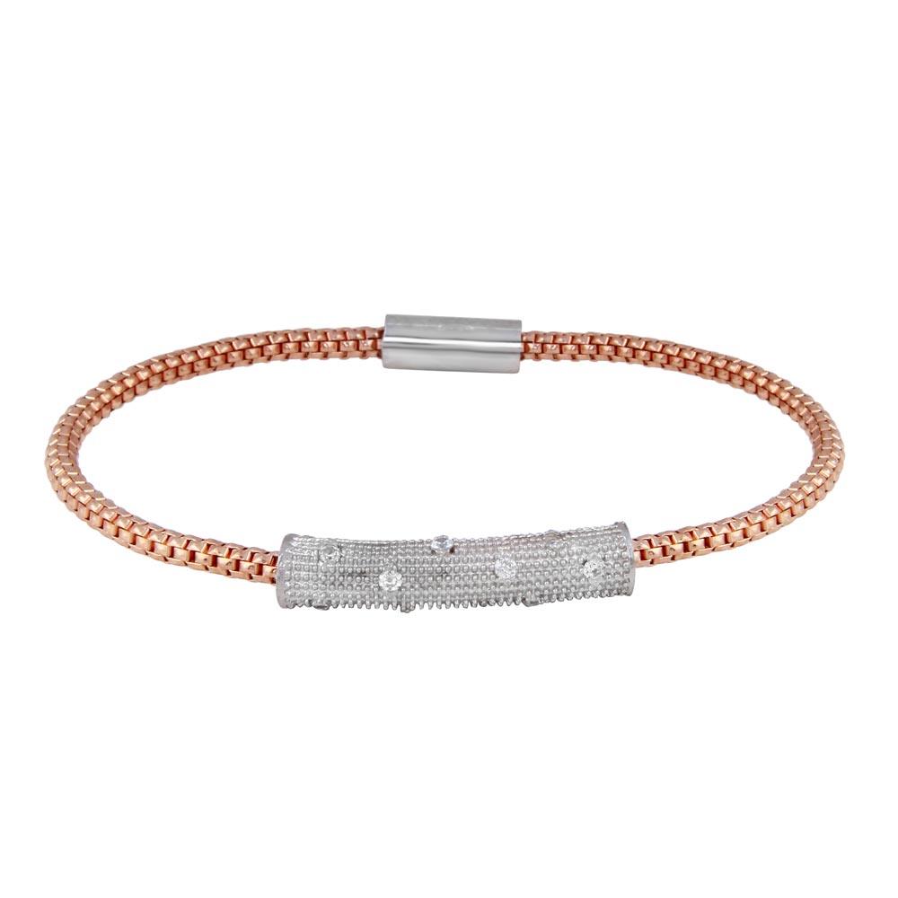 Closeout-Rose Gold Plated 925 Sterling Silver Bar CZ Magnetic Bracelet - SPB00004