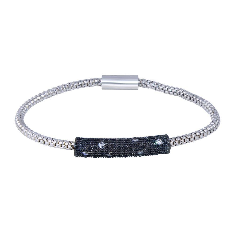 Closeout-Rhodium Plated 925 Sterling Silver Bar CZ Magnetic Bracelet - SPB00005