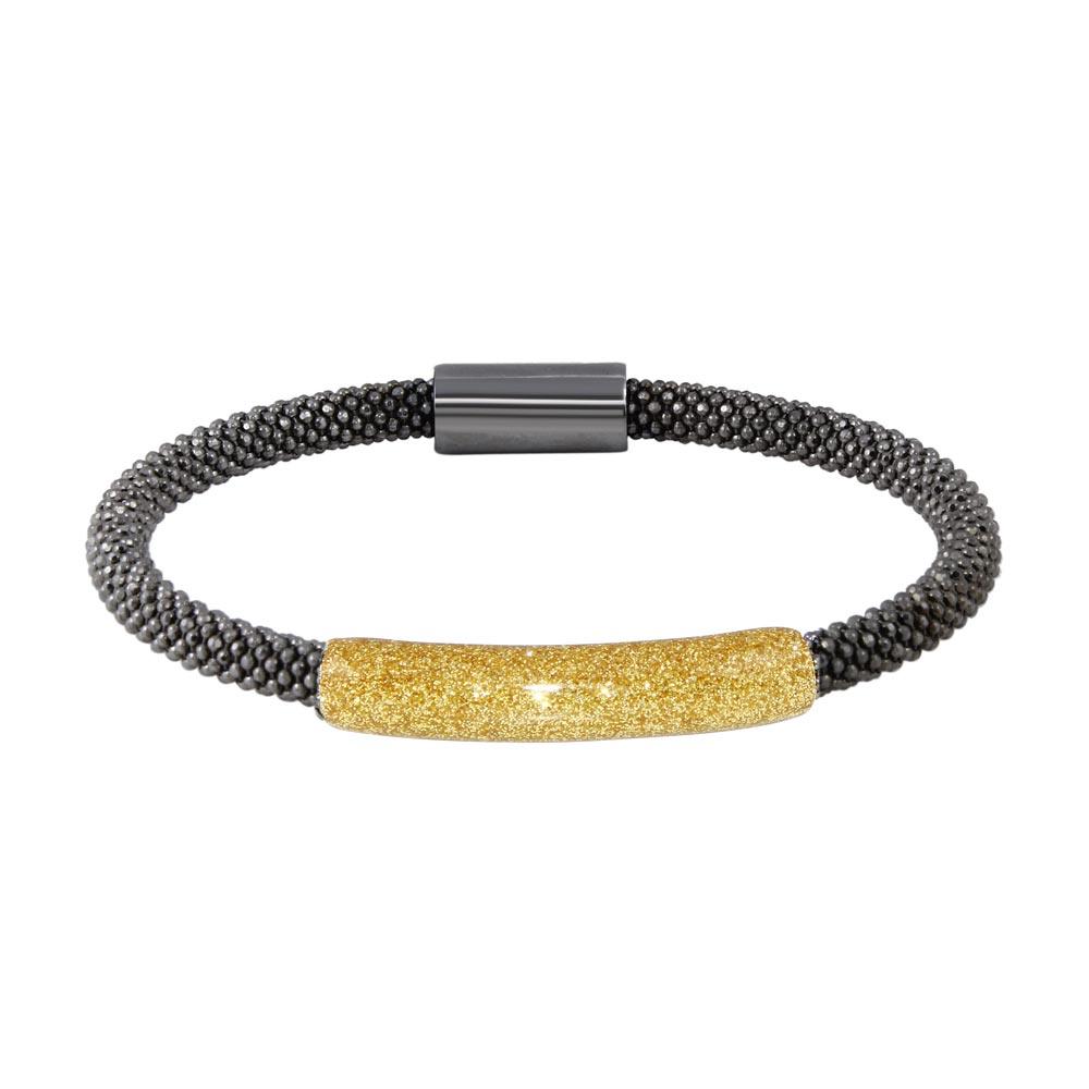 Closeout-Black Rhodium Plated 925 Sterling Silver Bar Glitter Magnetic Bracelet - SPB00009