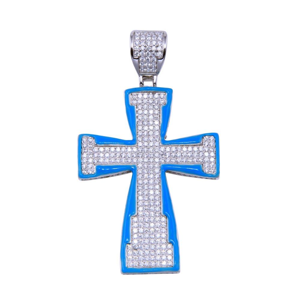 Rhodium Plated 925 Sterling Silver Blue Glow Enamel CZ Cross Pendant - SLP00282