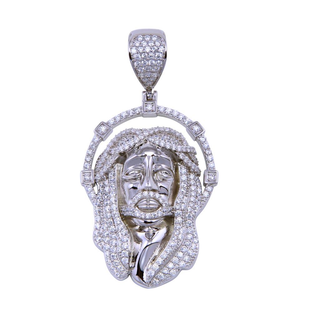 Rhodium Plated 925 Sterling Silver CZ Jesus Christ Pendant - SLP00283