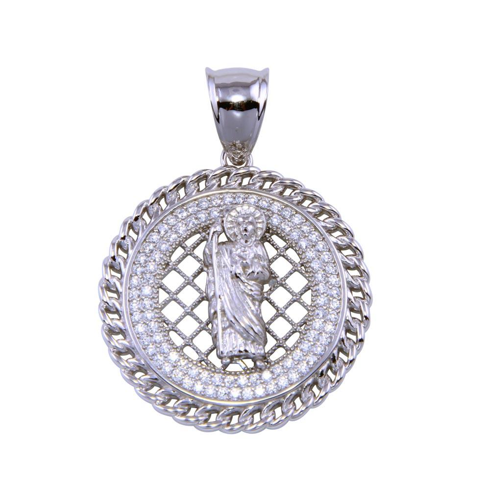 Rhodium Plated 925 Sterling Silver CZ Encrusted St. Jude Disc Pendant - SLP00284