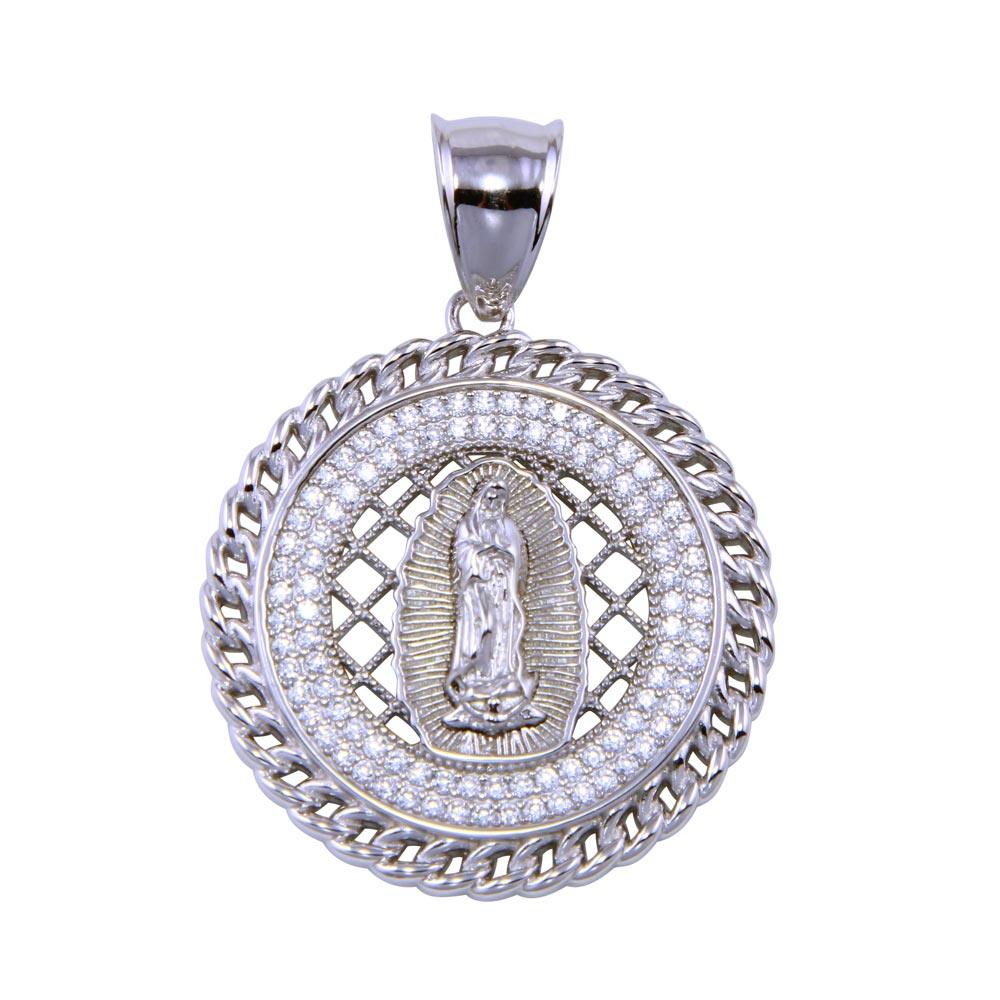 Rhodium Plated 925 Sterling Silver CZ Disc Lady of Guadalupe Pendant - SLP00285