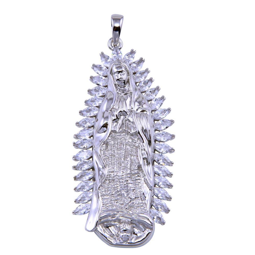 Rhodium Plated 925 Sterling Silver CZ Lady of Guadalupe Pendant - SLP00286