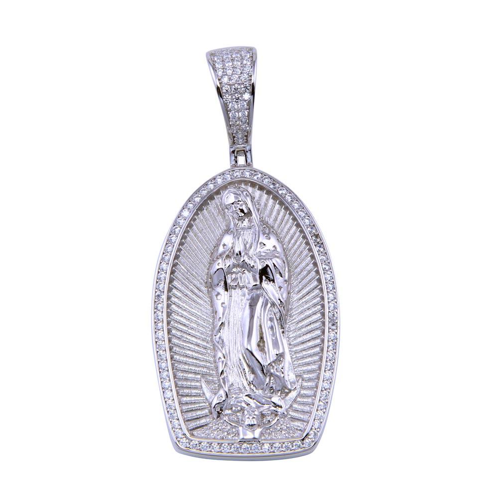 Rhodium Plated 925 Sterling Silver CZ Our Lady of Guadalupe Pendant - SLP00288