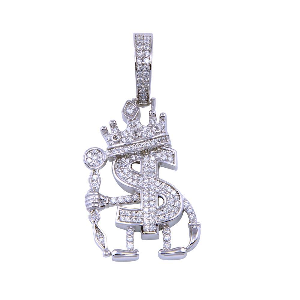 Rhodium Plated 925 Sterling Silver CZ Dollar King Pendant - SLP00289