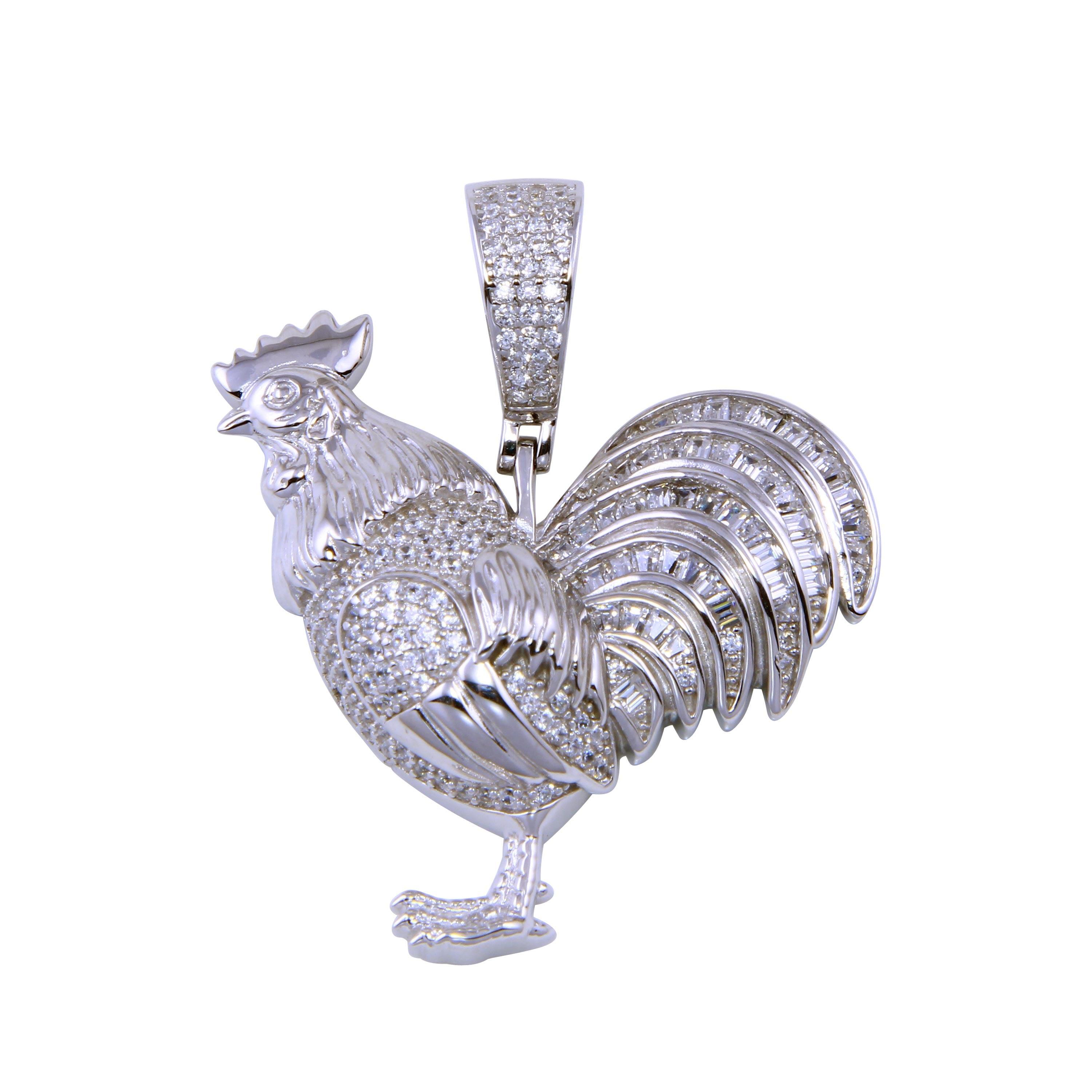 Rhodium Plated 925 Sterling Silver CZ Rooster Pendant - SLP00293