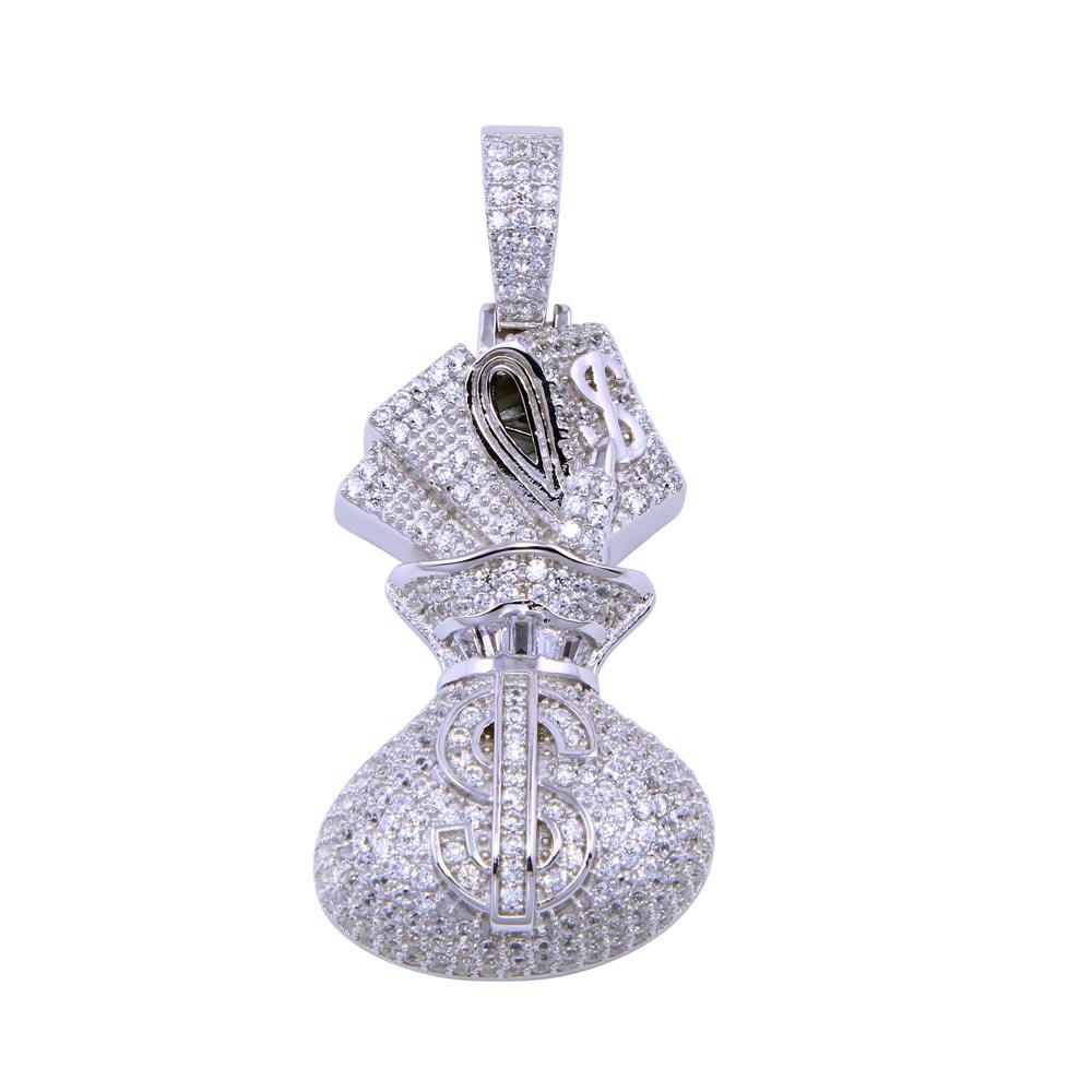 Rhodium Plated 925 Sterling Silver CZ Bag of Cash Pendant - SLP00294