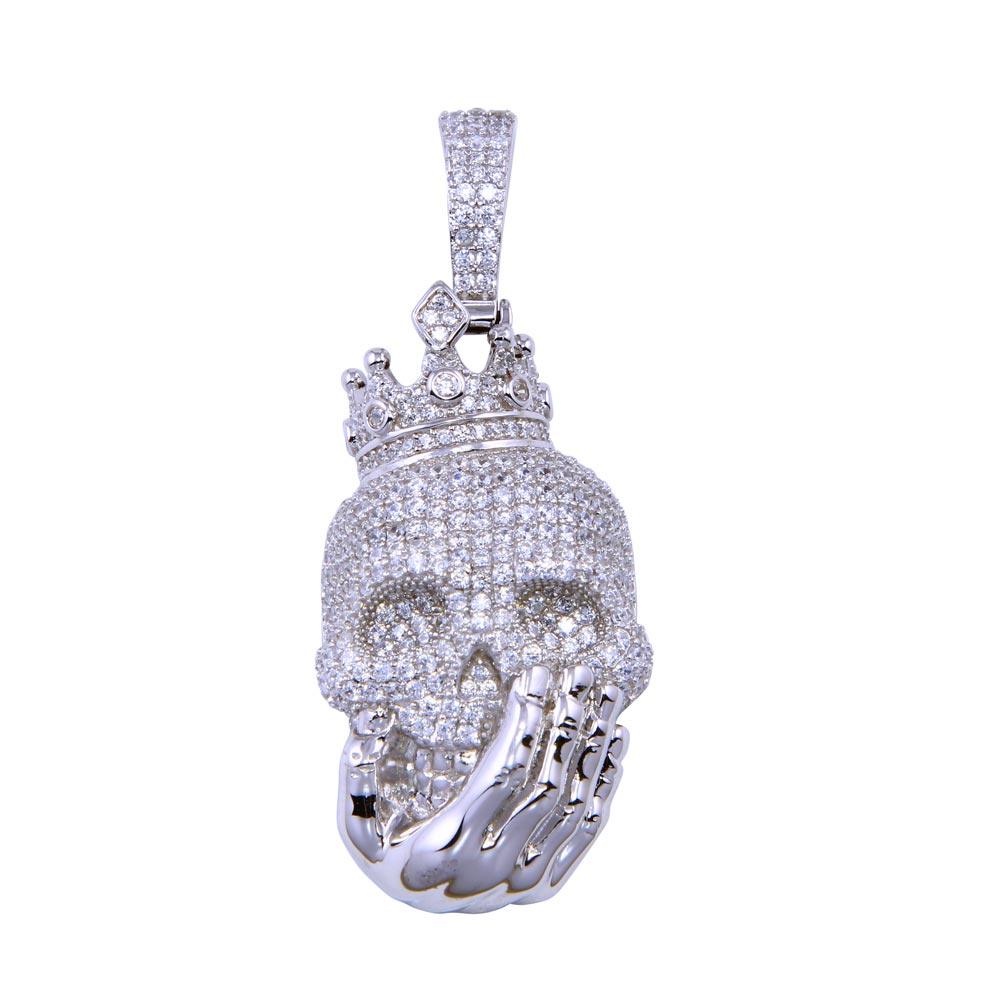 Rhodium Plated 925 Sterling Silver CZ Skull with Hand Pendant - SLP00296