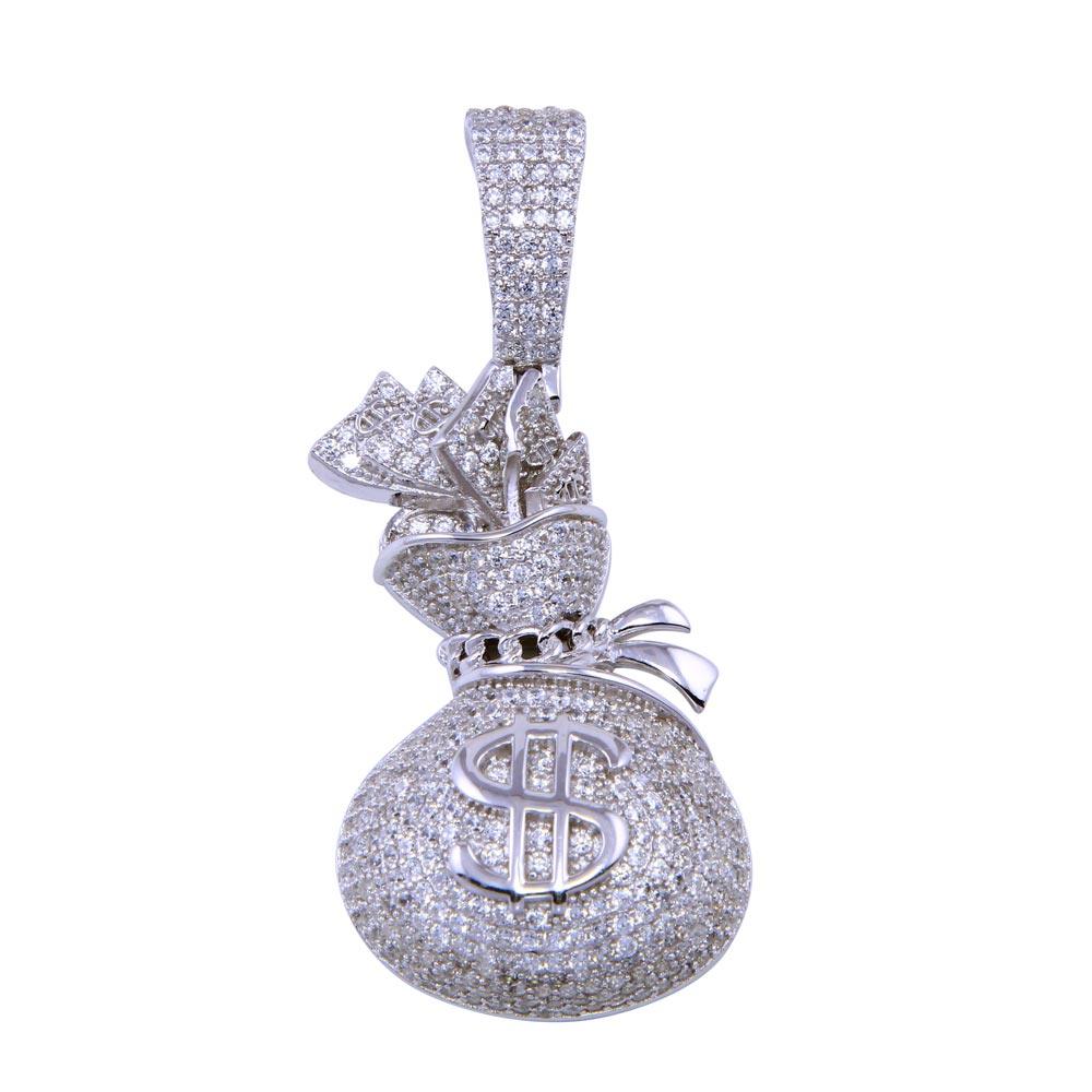 Rhodium Plated 925 Sterling Silver CZ Money Bag Pendant - SLP00298