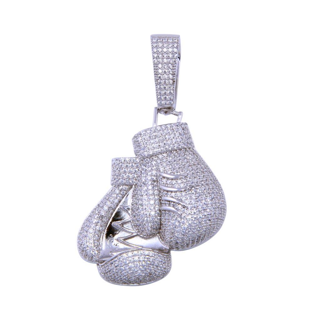 Rhodium Plated 925 Sterling Silver CZ Boxing Glove Pendant - SLP00299