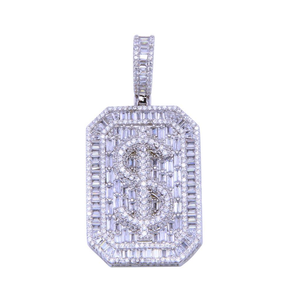 Rhodium Plated 925 Sterling Silver CZ Dollar Sign Tag Pendant - SLP00300